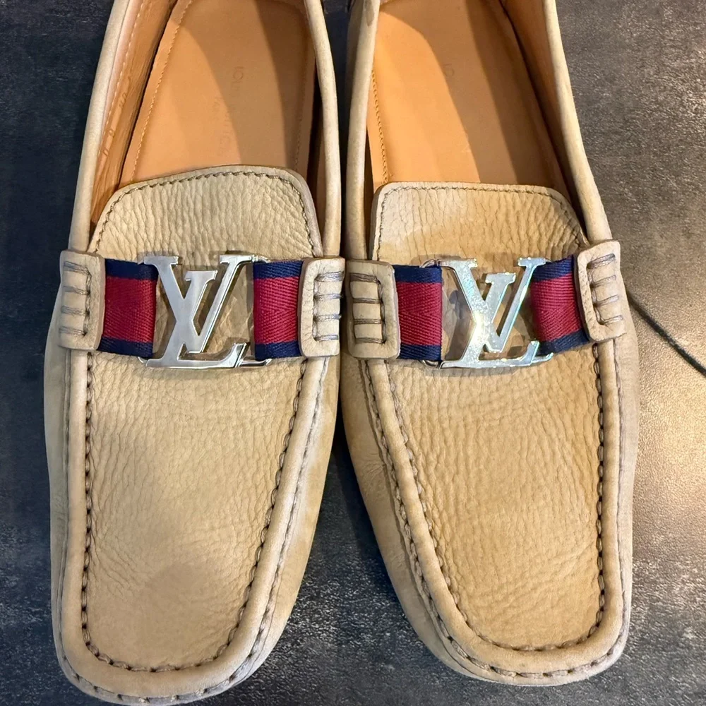 Louis Vuitton Tan Loafers with Red and Blue Detail size 8M
